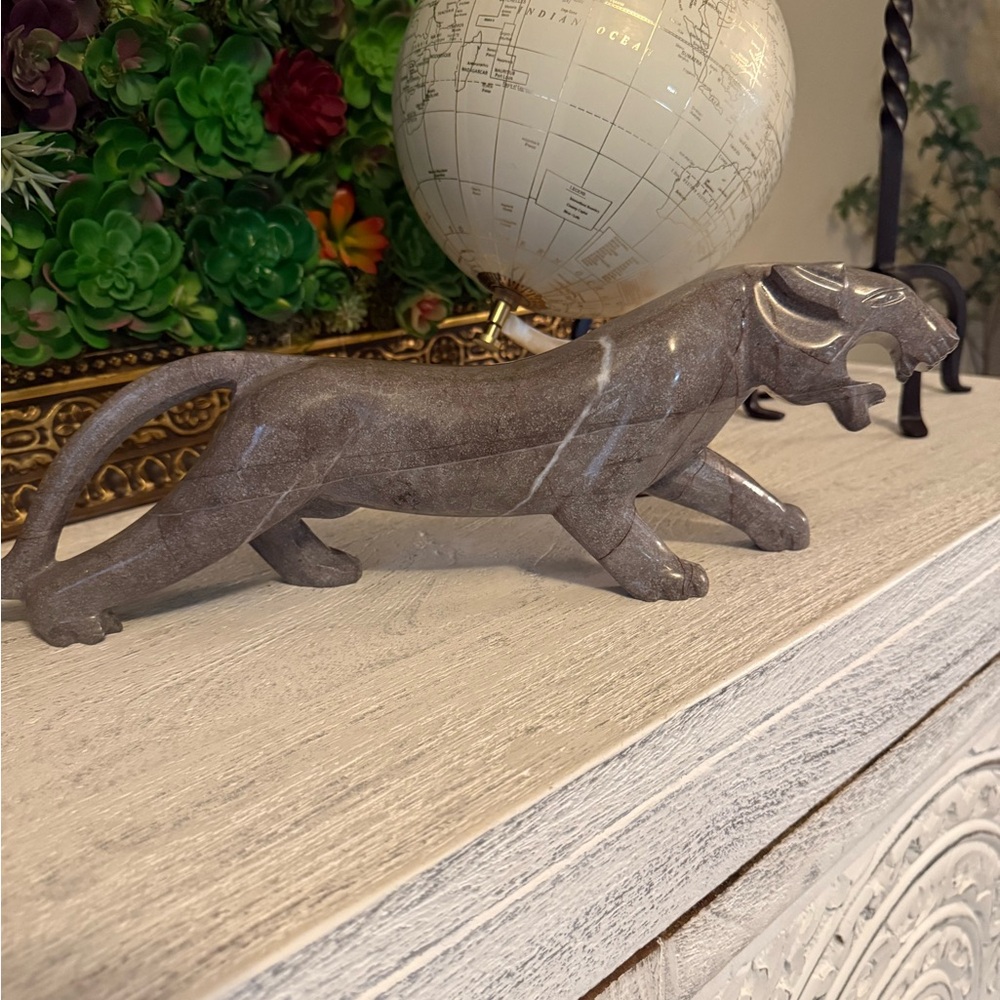 Art Deco Hand Made Marble Gray Stone Panther Statue- stunning home decor